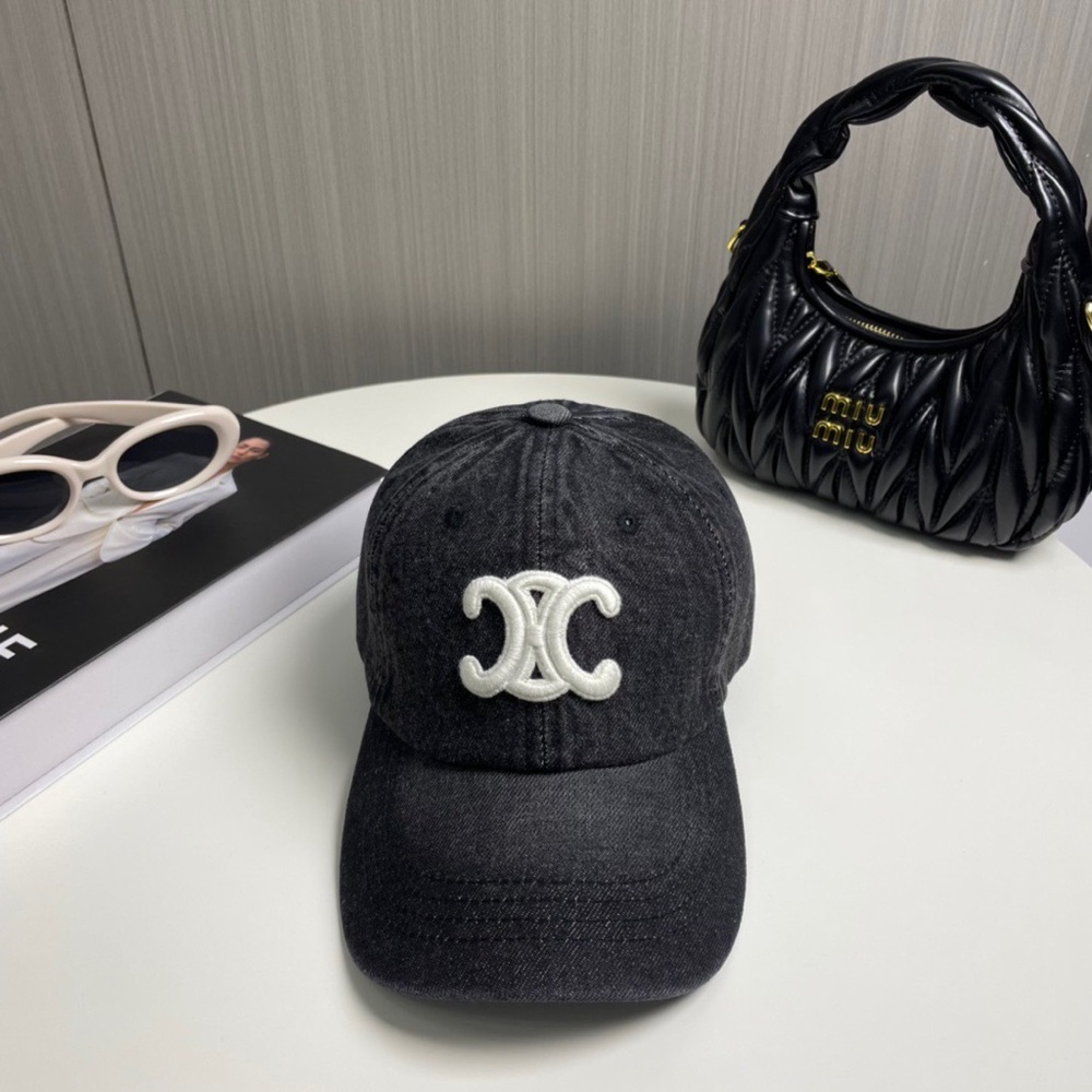 Celine Black Denim Baseball Cap with White Double-Crest Logo